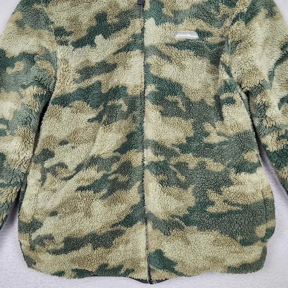 Eddie Bauer Jacket Boys Large Green Black Reversible Camo Hooded Puffer Coat